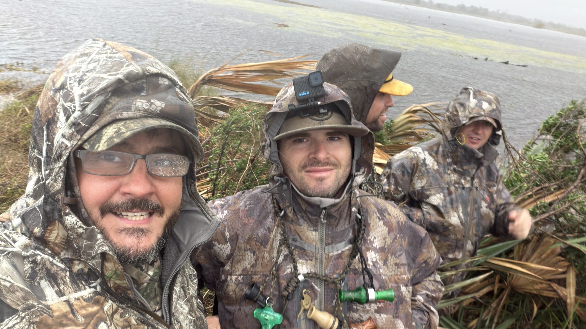 Hunters in the blind on a rainy morning