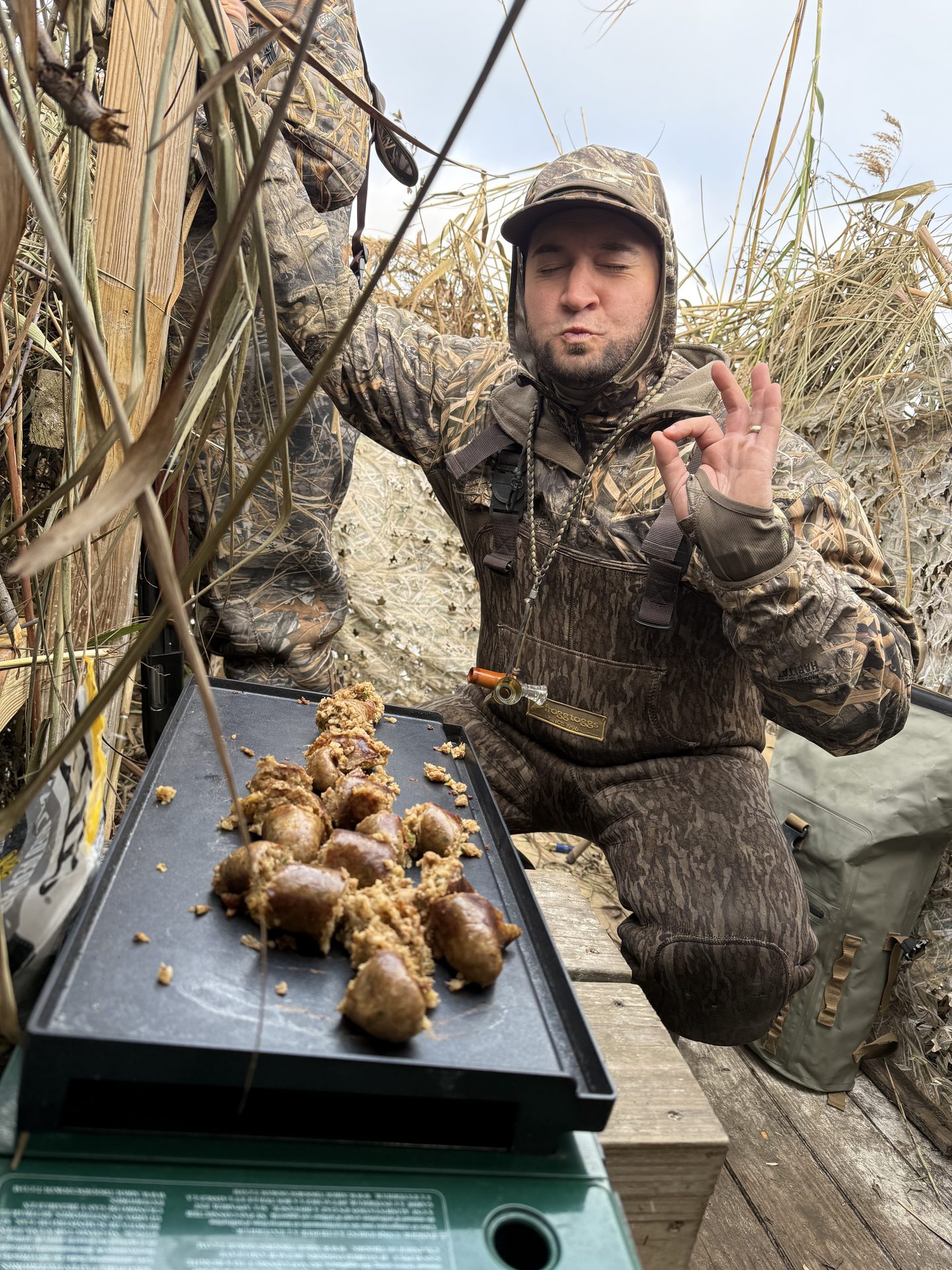 Fresh boudin on the griddle in the blind